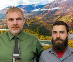 Bill and Nathan, two men with straight faces, stand in front of a colorful river, forest, and mountain.
